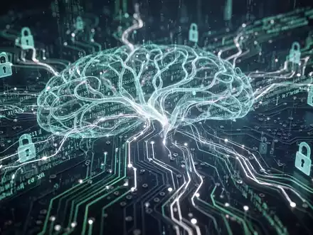 An intricate, glowing digital neural network with lines of code and cybersecurity lock icons, representing advanced AI for coding and security. - Foto: über boerse-global.de