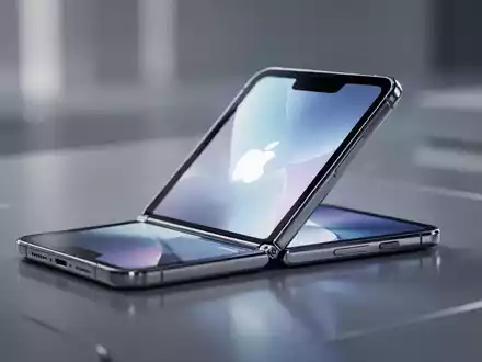A sleek, partially open foldable smartphone with a glowing screen displaying an Apple logo, resting on a reflective surface. - Foto: über boerse-global.de