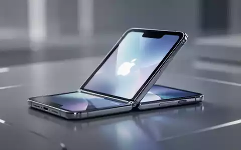 A sleek, partially open foldable smartphone with a glowing screen displaying an Apple logo, resting on a reflective surface. - Foto: über boerse-global.de