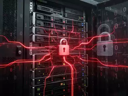 A server rack with glowing red lines, binary code, and a padlock icon, symbolizing a server-side request forgery vulnerability. - Foto: über boerse-global.de