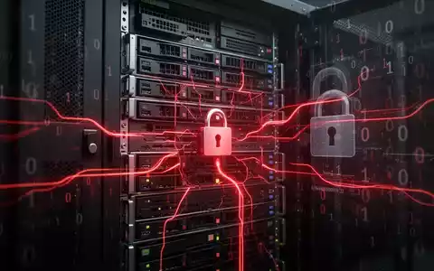 A server rack with glowing red lines, binary code, and a padlock icon, symbolizing a server-side request forgery vulnerability. - Foto: über boerse-global.de