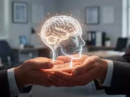 Hände halten einen leuchtenden, stilisierten menschlichen Kopf, der psychische Gesundheit und Unterstützung symbolisiert. - Foto: über boerse-global.de