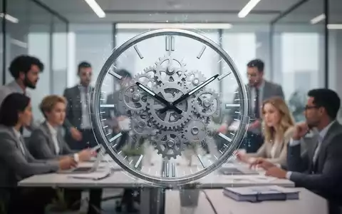 Eine stilisierte Uhr mit Zahnrädern und digitalen Elementen, die Flexibilität symbolisiert, vor einem verschwommenen modernen Büro. - Foto: über boerse-global.de
