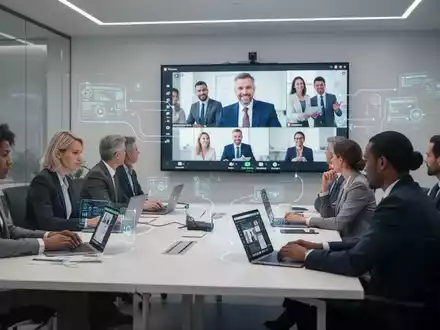 Eine Gruppe von Fachleuten arbeitet in einem modernen Büro zusammen, einige sind über Laptops und Bildschirme virtuell verbunden. - Foto: über boerse-global.de