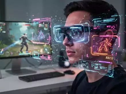 A person wearing AR glasses, with a holographic gaming screen projected in front of them, blending with a physical portable monitor. - Foto: über boerse-global.de