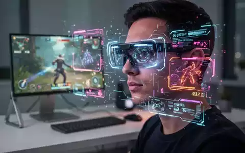 A person wearing AR glasses, with a holographic gaming screen projected in front of them, blending with a physical portable monitor. - Foto: über boerse-global.de
