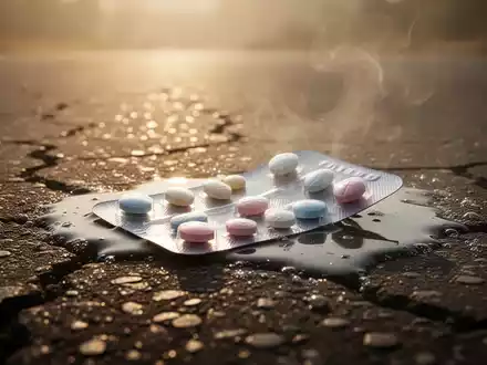 Blisterpackung Tabletten auf heißem Asphalt, teilweise geschmolzen, mit Hitzeflimmern im Hintergrund. - Foto: über boerse-global.de
