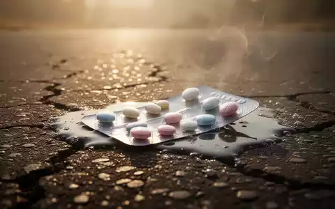 Blisterpackung Tabletten auf heißem Asphalt, teilweise geschmolzen, mit Hitzeflimmern im Hintergrund. - Foto: über boerse-global.de