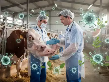 Ein Tierarzt untersucht ein Nutztier in einem modernen Stall, mit grafischen Elementen, die Pflanzenextrakte und Zellen darstellen. - Foto: über boerse-global.de
