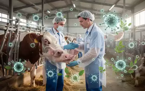 Ein Tierarzt untersucht ein Nutztier in einem modernen Stall, mit grafischen Elementen, die Pflanzenextrakte und Zellen darstellen. - Foto: über boerse-global.de