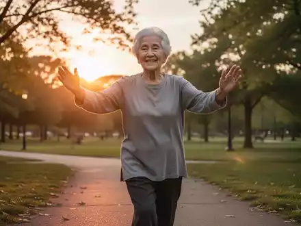 Eine ältere Person, die in einem Park bei Sonnenaufgang leichte Übungen macht und Vitalität und eine positive Einstellung ausstrahlt. - Foto: über boerse-global.de