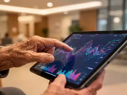 Eine ältere Hand berührt sanft einen Tablet-Bildschirm mit abstrakten Daten, im Hintergrund ein warm beleuchteter Raum. - Foto: über boerse-global.de