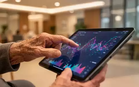 Eine ältere Hand berührt sanft einen Tablet-Bildschirm mit abstrakten Daten, im Hintergrund ein warm beleuchteter Raum. - Foto: über boerse-global.de