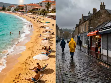 Geteiltes Bild: Eine sonnige türkische Strandpromenade und eine gedämpfte britische Straßenszene mit zögernden Fußgängern. - Foto: über boerse-global.de