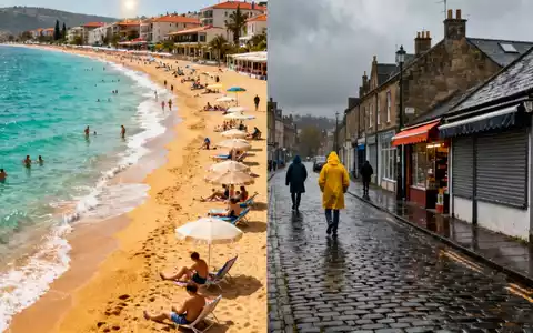 Geteiltes Bild: Eine sonnige türkische Strandpromenade und eine gedämpfte britische Straßenszene mit zögernden Fußgängern. - Foto: über boerse-global.de