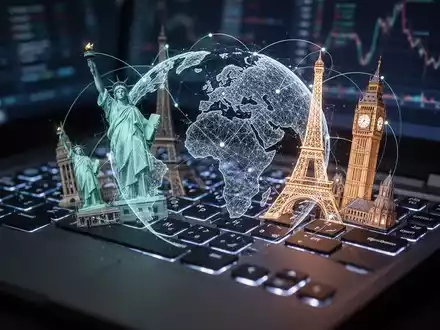 Close-up of a laptop keyboard with glowing keys and an abstract wireframe globe connecting global landmarks, symbolizing Excel esports. - Foto: über boerse-global.de