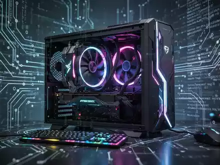 A glowing, high-performance graphics card at the center of a futuristic gaming PC setup, surrounded by digital code. - Foto: über boerse-global.de