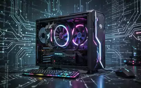 A glowing, high-performance graphics card at the center of a futuristic gaming PC setup, surrounded by digital code. - Foto: über boerse-global.de