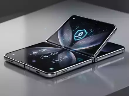 A modern Samsung Galaxy Z Fold smartphone, partially folded, displaying a security update notification on its screen. - Foto: über boerse-global.de