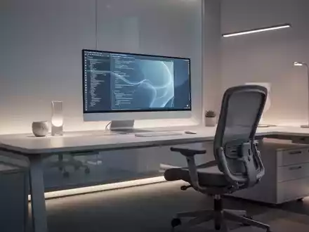 Ein moderner, ergonomischer Büroarbeitsplatz mit einem schlanken Monitor, verstellbarem Stuhl und dezenter Umgebungsbeleuchtung. - Foto: über boerse-global.de