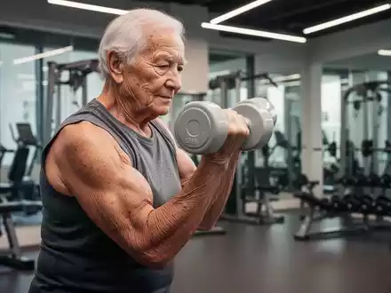 Eine ältere Person trainiert mit einer Hantel in einem Fitnessstudio, um Muskelschwund im Alter vorzubeugen. - Foto: über boerse-global.de