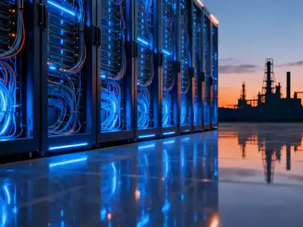 Ein futuristisches Rechenzentrum mit blauen Serverracks und im Hintergrund eine schemenhafte Energieanlage bei Sonnenuntergang. - Foto: über boerse-global.de