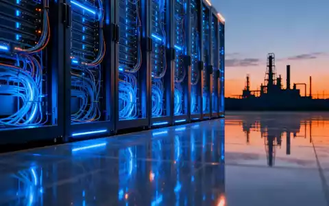 Ein futuristisches Rechenzentrum mit blauen Serverracks und im Hintergrund eine schemenhafte Energieanlage bei Sonnenuntergang. - Foto: über boerse-global.de
