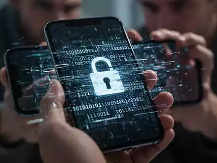 Ein Smartphone-Bildschirm zeigt verzerrten Binärcode und ein Schloss-Symbol, um Datenklau und Sicherheitslücken darzustellen. Hände halten das Telefon im unscharfen Hintergrund. - Foto: über boerse-global.de
