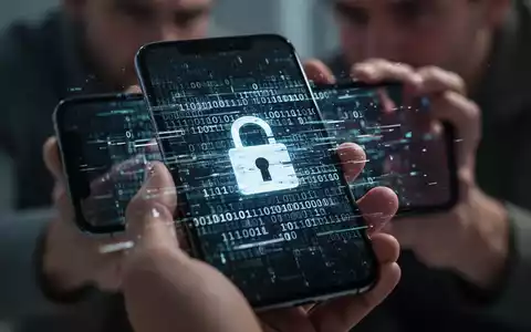 Ein Smartphone-Bildschirm zeigt verzerrten Binärcode und ein Schloss-Symbol, um Datenklau und Sicherheitslücken darzustellen. Hände halten das Telefon im unscharfen Hintergrund. - Foto: über boerse-global.de