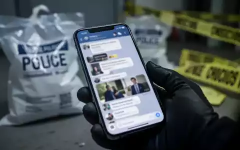 Ein Smartphone-Bildschirm mit unscharfen Chat-Nachrichten und Bildern, gehalten von einer behandschuhten Hand. Im Hintergrund sind Beweismittel zu sehen. - Foto: über boerse-global.de