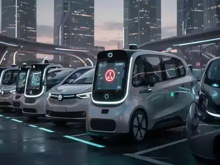 Eine Flotte von autonomen Robotaxis in einer städtischen Umgebung bei Dämmerung, wobei ein Fahrzeug eine Fehlermeldung anzeigt. - Foto: über boerse-global.de