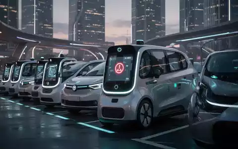 Eine Flotte von autonomen Robotaxis in einer städtischen Umgebung bei Dämmerung, wobei ein Fahrzeug eine Fehlermeldung anzeigt. - Foto: über boerse-global.de