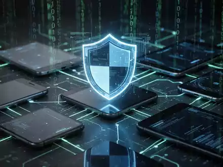 A glowing digital shield icon protecting a network of mobile devices and data streams, symbolizing mobile application post-build security. - Foto: über boerse-global.de