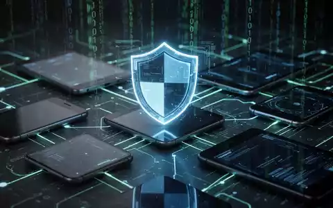 A glowing digital shield icon protecting a network of mobile devices and data streams, symbolizing mobile application post-build security. - Foto: über boerse-global.de