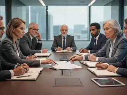 Eine Gruppe von Betriebsratsmitgliedern in einem modernen Konferenzraum, die engagiert an einem Tisch diskutieren und lernen. - Foto: über boerse-global.de