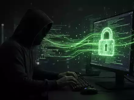 Eine dunkle Silhouette eines Hackers an einem Computer, von dem grüne Codezeilen strömen und sich in ein digitales Vorhängeschloss verwandeln. - Foto: über boerse-global.de