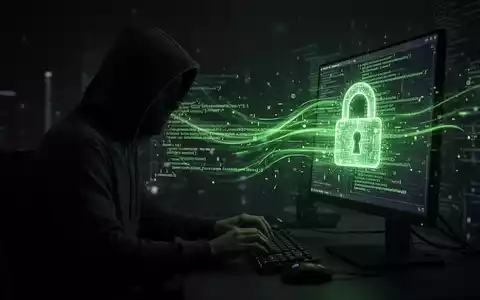 Eine dunkle Silhouette eines Hackers an einem Computer, von dem grüne Codezeilen strömen und sich in ein digitales Vorhängeschloss verwandeln. - Foto: über boerse-global.de