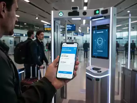 A traveler uses a smartphone at an airport security checkpoint with facial recognition technology, streamlining the ID verification process. - Foto: über boerse-global.de