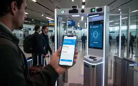 A traveler uses a smartphone at an airport security checkpoint with facial recognition technology, streamlining the ID verification process. - Foto: über boerse-global.de
