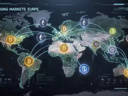 Digital payment interface showing cryptocurrency symbols over a map of emerging markets and Europe, representing crypto payment expansion. - Foto: über boerse-global.de