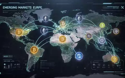 Digital payment interface showing cryptocurrency symbols over a map of emerging markets and Europe, representing crypto payment expansion. - Foto: über boerse-global.de