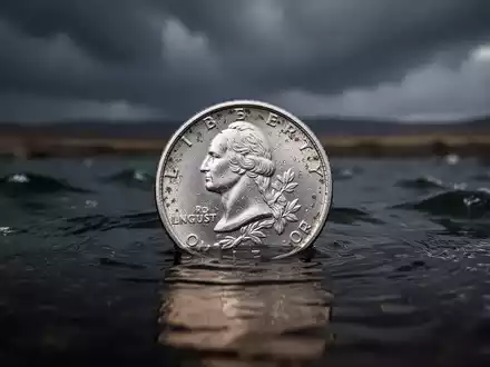 Eine einzelne, leicht angelaufene Silbermünze, die in dunklem, turbulentem Wasser unter einem stürmischen Himmel liegt. - Foto: über boerse-global.de