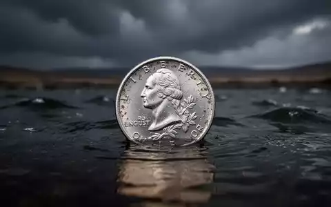 Eine einzelne, leicht angelaufene Silbermünze, die in dunklem, turbulentem Wasser unter einem stürmischen Himmel liegt. - Foto: über boerse-global.de