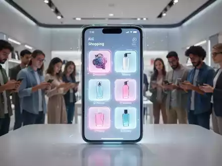 Ein futuristisches Smartphone zeigt eine KI-gestützte Einkaufs-App, im Hintergrund unscharf moderne Ladenbesucher. - Foto: über boerse-global.de