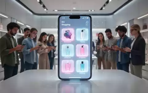 Ein futuristisches Smartphone zeigt eine KI-gestützte Einkaufs-App, im Hintergrund unscharf moderne Ladenbesucher. - Foto: über boerse-global.de
