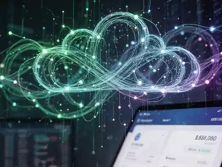 An abstract, modern depiction of interconnected cloud infrastructure and DevOps, with glowing lines and nodes, overlaid with a blurred financial interface. - Foto: über boerse-global.de