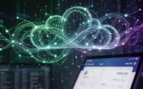 An abstract, modern depiction of interconnected cloud infrastructure and DevOps, with glowing lines and nodes, overlaid with a blurred financial interface. - Foto: über boerse-global.de