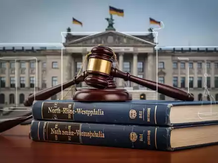 Ein Richterhammer liegt auf deutschen Gesetzbüchern, im Hintergrund verschwommen das Landtagsgebäude von Nordrhein-Westfalen. - Foto: über boerse-global.de