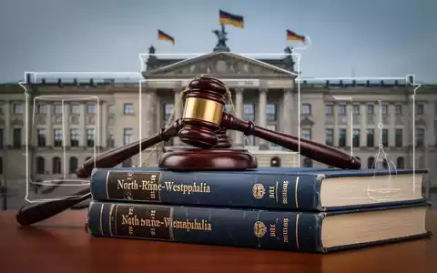 Ein Richterhammer liegt auf deutschen Gesetzbüchern, im Hintergrund verschwommen das Landtagsgebäude von Nordrhein-Westfalen. - Foto: über boerse-global.de