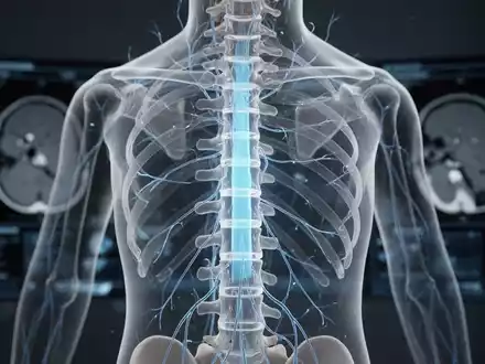 Nahaufnahme eines menschlichen Wirbelsäulenmodells mit leuchtendem Epiduralraum und Nervenbahnen, im Hintergrund unscharfe medizinische Bilder. - Foto: über boerse-global.de